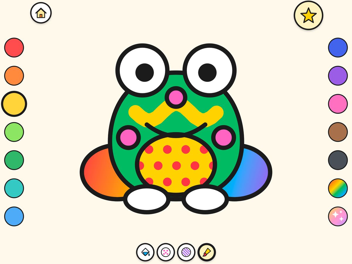 The colouring screen: a frog being filled in, with big colour dots down each side