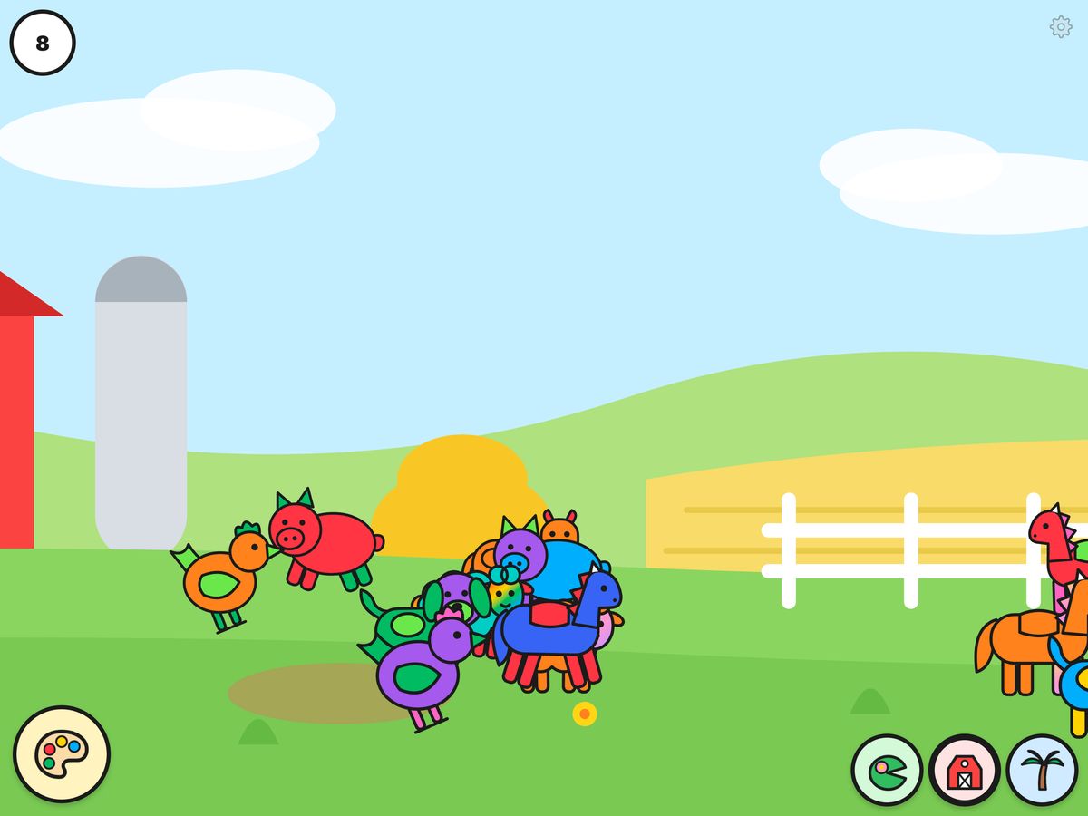 The farm, with coloured cows, sheep, pigs, chickens, horses and dogs