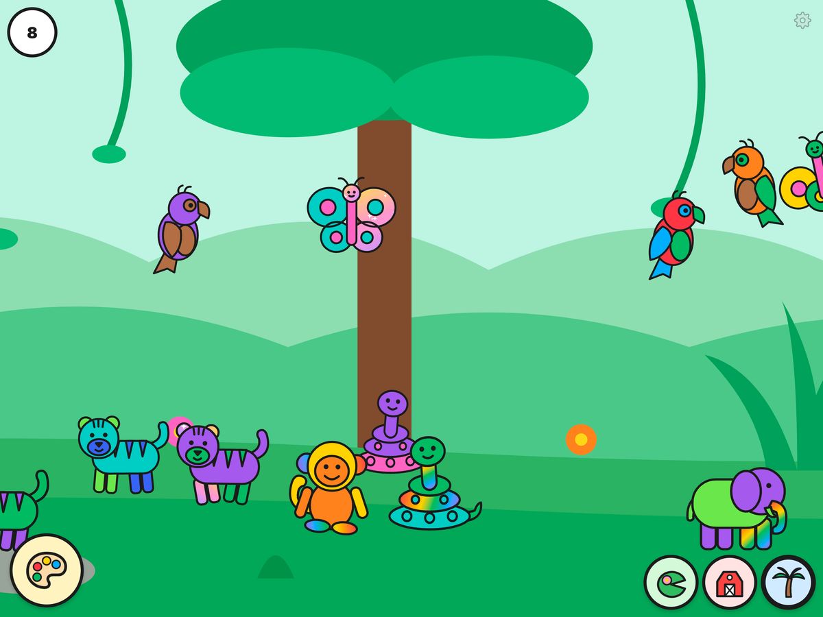 The jungle, with coloured tigers, elephants, monkeys, snakes, parrots and butterflies